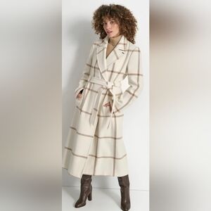DKNY Plaid Belted Maxi Wool Blend Coat Size Small NEW